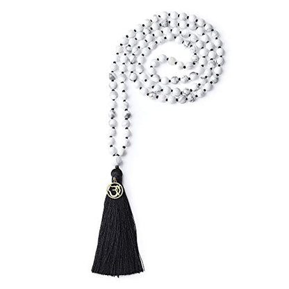 COAI OM Charm Hand Knotted Tassel 108 Mala Beads Necklace - color: Howlite, size: 8mm
