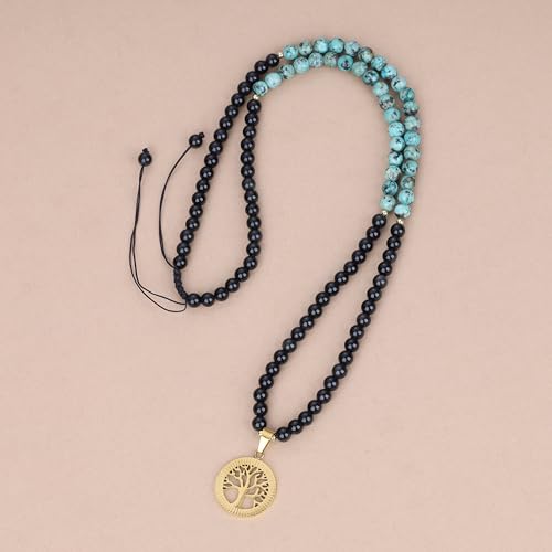 COAI Tree of Life Necklace 108 Mala Beads, Women's Men's Beaded Necklace, Japa Mala for Yoga Meditation 6mm - style: Obsidian & African Turquoise
