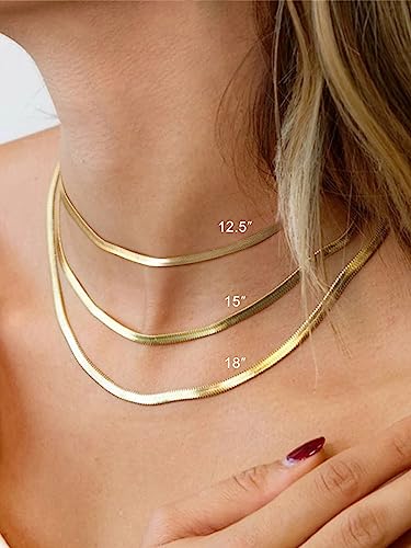 FOCALOOK 14K Gold Plated Necklaces for Women, Fashion Herringbone Choker Necklace Stainless Steel Flat Snake Chain 3/5MM(W) 12.5"/15"/18"+3.5"(L) - color: 3MM-14K Gold-12.5"