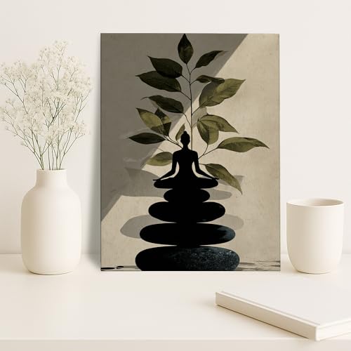 Zen Buddha Stones Wall Art, Green Black Meditative Decor, Minimalistic Home Aesthetic for Living Room, Bedroom, Spa, Wrapped Canvas 16x20 Inch - size: 16x20 Inch