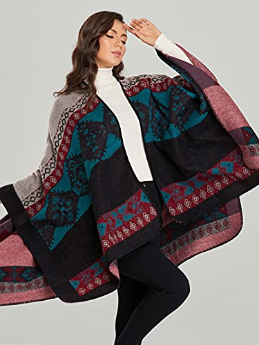 Women's Shawls and Wraps Open Front Poncho Cape Winter Sweater - color: N33-totem Pink Black