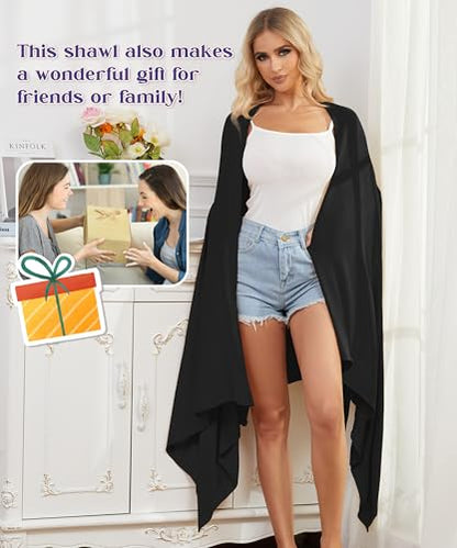 Tencel Cashmere Shawl Wraps for Women,Pashmina Stole Airplane Travel Wool Scarf Blanket Wrap Lightweight UPF 50+ - color: Black