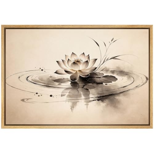SIGNFORD Framed Canvas Wall Art Minimalist Zen Lotus Ink Reflection Illustrations Abstract Contemporary Relax/Calm for Living Room, Bedroom, Office - 16"x24" NATURAL - color: BE03-2603-EDW11, size: 24"L x 16"W, style: Natural Frame