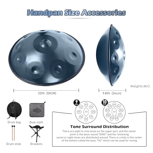 Handpan 22 Inches Drum Set, 440Hz 9 Notes Hand Drum Instrument, Premium Steel Hand Drum, Includes Carrying Case, Drumsticks, Spiral Wraps, Instruction Guide (22 Inches -9 Note -Blue) - size: 22 Inches - 9 Notes - Blue