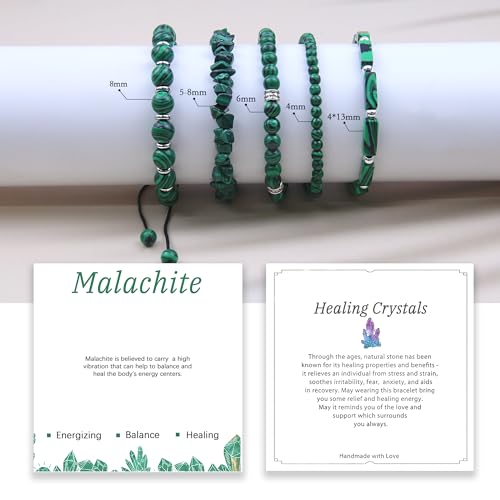 5Pcs Healing Crystal Bracelet for Women Men, Handmade Adjustable Gemstone Bracelets Beaded Reiki Energ Bracelet Set Jewelry Gifts for Women Men - color: Malachite