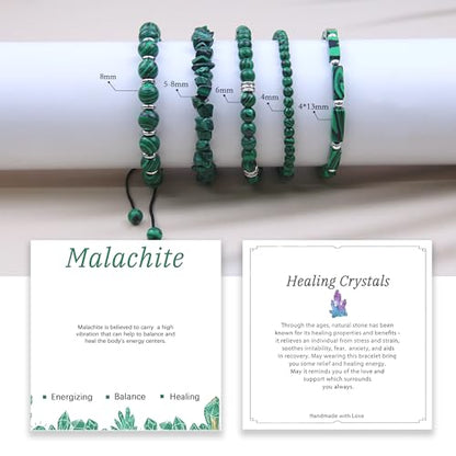5Pcs Healing Crystal Bracelet for Women Men, Handmade Adjustable Gemstone Bracelets Beaded Reiki Energ Bracelet Set Jewelry Gifts for Women Men - color: Malachite
