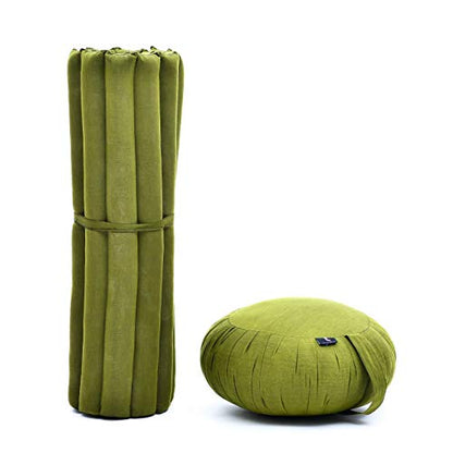 Leewadee Meditation Cushion Set – 1 Round Zafu Meditation Pillow and 1 Square Roll-Up Zabuton Meditation Mat, Pillows Bundle Filled with Kapok