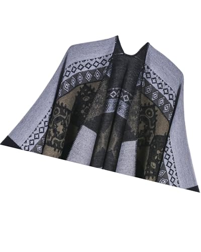 Women's Shawls and Wraps Open Front Poncho Cape Winter Sweater - color: N31-totem Black