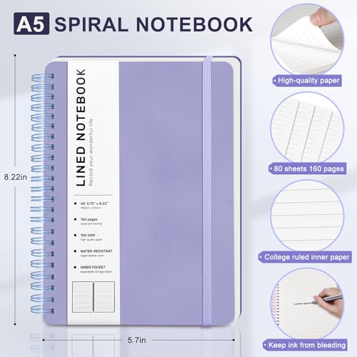 Lined Spiral Journal Notebook with 160 Pages, 8×5.7in, A5 Spiral Notebook, Journaling Notebooks for Work, School, Women, Men, College Ruled Spiral Notebook, Hardcover Leather Journals, Purple