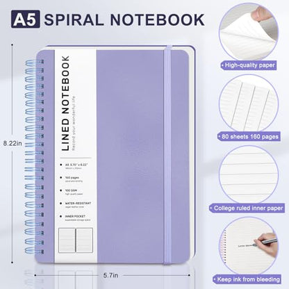 Lined Spiral Journal Notebook with 160 Pages, 8×5.7in, A5 Spiral Notebook, Journaling Notebooks for Work, School, Women, Men, College Ruled Spiral Notebook, Hardcover Leather Journals, Purple