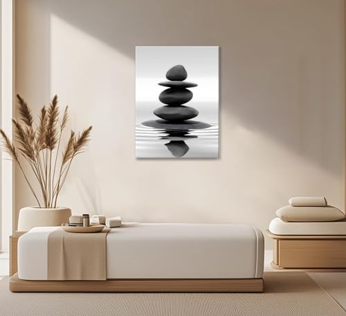 Zen Canvas Wall Art Black Stacked Stone Poster Print for Spas Bathrooms Yoga Rooms Meditation Spaces Ready to Hang 12x16in Framed - color: Canvas Black Stone, size: 16"L x 12"W