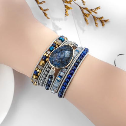 Women Boho Handmade Natural Stone Crystal Leather Bead Wrap Bracelets Collection - style: Blue Labradorite 5W