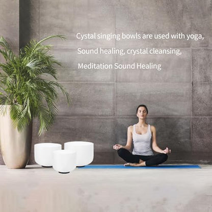 Hye-eun 3pcs 8"B 10"F 12"C Frosted Quartz Crystal Singing Bowl Set 432hz with Free Carry Bag Mallets & Rubber for Sound Healing Bath Keep Balance Therapy Meditation Yoga