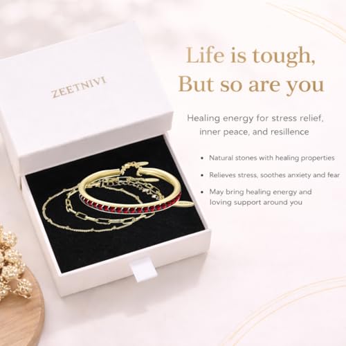 Intentional Healing Stones Bracelet for Women, 3PCS Layered Set with Semi‑Precious Stone Beads, Inspirational Jewelry for Calm Rituals & Emotional Balance - style: Garnet - Strength & Protection