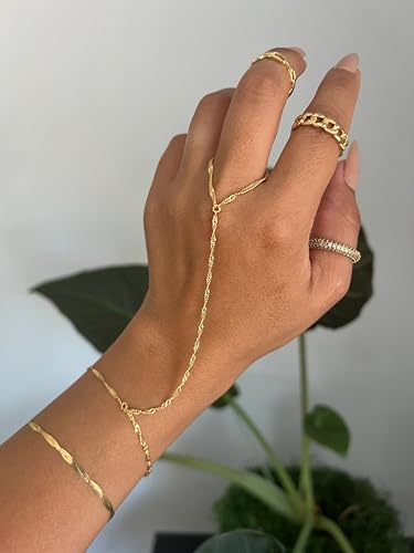3PCS 14K Gold-Plated Hand Chain Bracelets for Women, Stack Bracelets Set Adjustable, Trendy Dainty Ring Bracelet Hand Chain - color: gold-3-cz