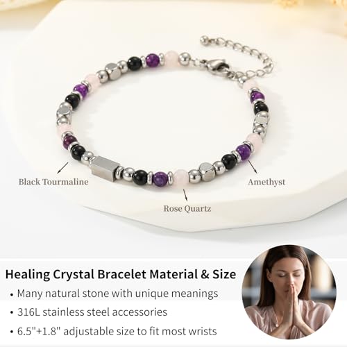 Natural Healing Crystal Bracelet for Women, Triple Protection Anxiety Relief New Beginnings Good Luck Empath Protection Jewelry Gift for Friends Daughter Mom 6.5+1.8 Inches - style: Anxiety Relief