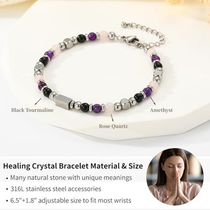 Natural Healing Crystal Bracelet for Women, Triple Protection Anxiety Relief New Beginnings Good Luck Empath Protection Jewelry Gift for Friends Daughter Mom 6.5+1.8 Inches - style: Anxiety Relief