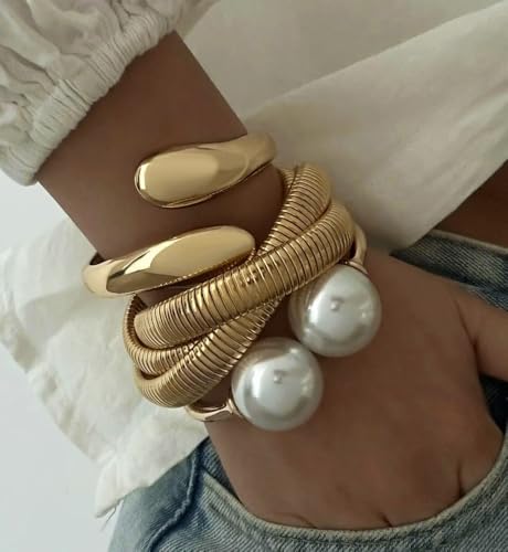 Chunky Gold Bangle Bracelets for Women, Dainty 14k Gold Plated Big Stackable Bangles Set, Trendy Statement Cuff Bracelet Stack Fashion Jewelry Gifts - style: Big pearl bangles