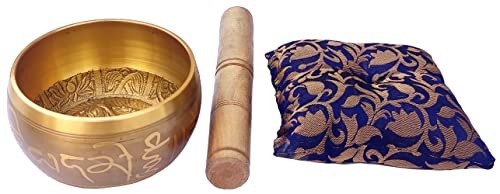 Purpledip Bell Metal Singing Bowl: Buddhist Tibetan Musical Instrument For Dhyana & Meditation (10781) - style: Scripture design | 5 inches | Gold