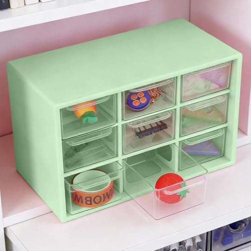 9-Grid Drawer Storage Box, Compact Jewelry Organizer Box for Desk, Multi-Function Storage with Clear Drawers for Office Home and Craft Supplies - color: greener