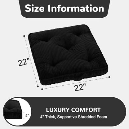 Meditation Floor Cushion Set of 2, 22x22 Tufted Floor Pillow for Adults, Square Large Meditation Cushion Pillow, Black Corduroy Sitting Pillow with Handle, Yoga Seating for Tatami
