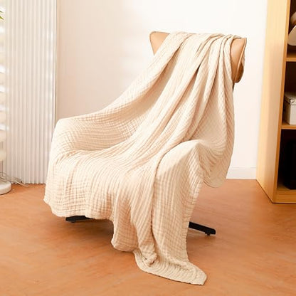 CottCare Cotton Throw Blanket,Large Size 59"x70",Gifts for Women,100% 6 Layer Muslin for Couch Breathable Gauze,All Season Soft and Lightweight Pre-Washed (Light Tan)