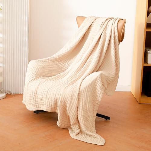 CottCare Cotton Throw Blanket,Large Size 59"x70",Gifts for Women,100% 6 Layer Muslin for Couch Breathable Gauze,All Season Soft and Lightweight Pre-Washed (Light Tan)