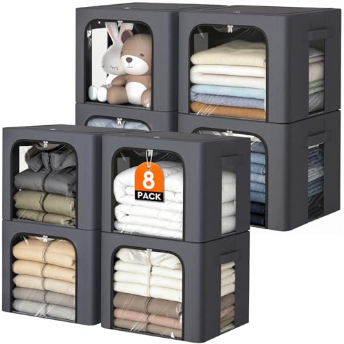 8 Pack Clothes Storage Bins with Metal Frame,40L Storage Bags Fabric Box Organizer with Clear Window,Zippers,Sturdy Handles(8 Pcs,Light Grey,40L)