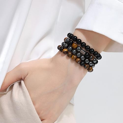 Fengling 4 PCS Beaded Crystal Bracelet for Women 8mm Natural Gemstones Handmade Bracelet for Girls Healing Stretch Bracelets Crystal Jewelry for Women Gifts - color: Tiger Eye&Black Obsidian&Hematite