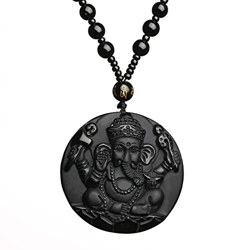 Natural black obsidian rainbow obisidan ice obsidian Maitreya launghing buddha necklace Amulet pendant bead chain - color: Ganesha elephant 2