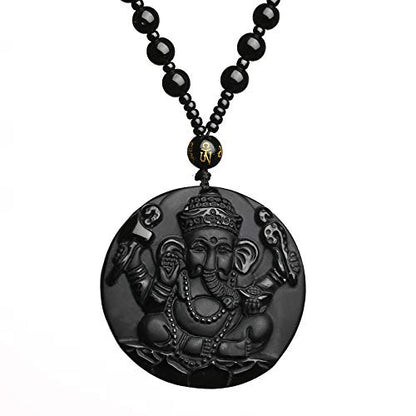 Natural black obsidian rainbow obisidan ice obsidian Maitreya launghing buddha necklace Amulet pendant bead chain - color: Ganesha elephant 2