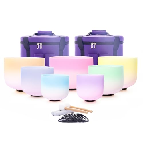 Hye-eun 432 hz Crystal Singing Bowl 7-12 Inch Set of 7 PCS Rainbow Gradient Frosted Quartz Crystal Chakra Singing Bowls with Carry Case Bag for Sound Healing and Therapy Meditation - color: 7-12inch 432hz Double Color 7pcs