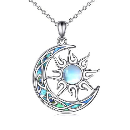 Sun and Moon Necklace for Women 925 Sterling Silver Celtic Crescent Moon Pendant Blue Opal/White Opal/Abelone Shell/Labradorite/Moonstone Jewelry Gift for Teen Girls - color: abalone shell moon