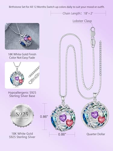 TOUPOP s925 Sterling Silver Family Celtic Tree of Life Pendant Necklaces with 2 Heart Birthstone with Blue Austrian Crystal Jewelry Birthday Valentines Day Gifts for Her, Anniversary Christmas Gifts for Wife Girlfriend Mom (18K Real White Gold Filled) - c