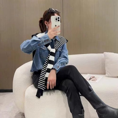 WaJuemy Sweater Shawl Wraps for Women Sweater Knitted Knotted Shawls Travel Casual Scarf Cape Shoulder Tops Fashion Wrap - color: Black Stripe
