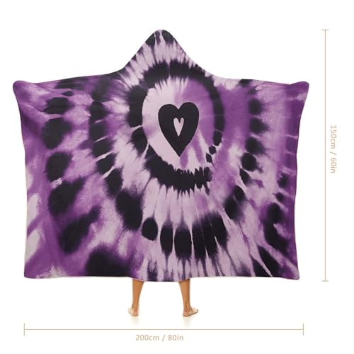 Purple Tie Dye Hooded Blanket, Soft Arctic Velvet Wearable Throw for All-Season, Bed, Sofa, Camping 60"x80"