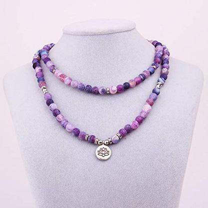 8mm 108 Mala Beads Wrap Bracelet Necklace for Yoga Charm Bracelet Natural Gemstone Jewelry for Women Men - color: Purple Weathered Stone