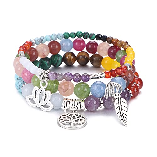 Tree of Life Yoga Healing Stone Bracelets,Multilayer Lotus Chakra Stone Reiki Bracelet Sets,Anxiety Crystal Natural Stone,for Women Stress Relief - style: Chakra+colorful tourmaline