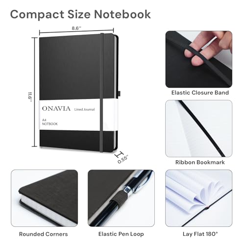 ONAVIA A4 Professional Business Notebook Notebook Hardcover 6 Pack, 8.5 x 11 College Ruled Journal Notebook, 160 Pages for Work, Office Meetings, Black - color: Black