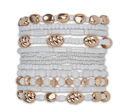 SPUNKYsoul Beaded Stretch Bracelet Set – Multi-Piece Stackable Fashion Bracelet Collection, Elastic Fit, Minimalist Boho Jewelry for Everyday Wear - style: White and Gold