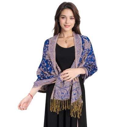 MUQU Women Pashmina Shawls and Wraps Scarf Soft Silky Reversible Paisley Scarves Shawl for Women - color: Dark Blue