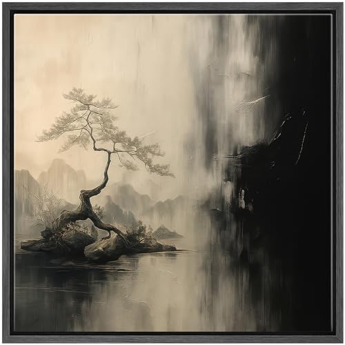 SIGNWIN Framed Canvas Print Wall Art Serene Bonsai Landscape Asian-Inspired Black and Beige Illustration Modern Art Decorative Minimal Calm/Zen for Living Room, Bedroom, Office - 16"x16" Black - color: B22-2508-edw18, size: 16"L x 16"W