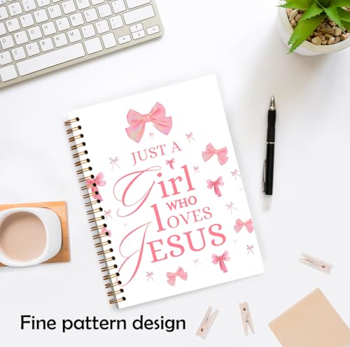 XUNLURY Coquette Pink Bow Christian Jesus Notebook, Christian Journal Gifts for Women, Just a Girl Who Loves Jesus Religious Prayer Journal, Bible Study Hardcover Spiral Notebooks, 5.5x8.3 Inch - color: Color_F
