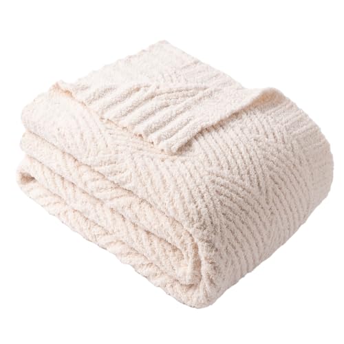Ivory Chenille Throw Blanket for Couch, Soft Diamond Textured Knit White Blanket, Cozy Lightweight Decorative Blankets for Sofa, 50"x60" - color: Ivory