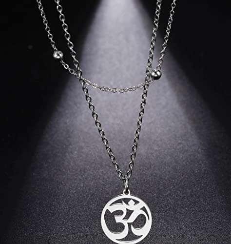 UNIFT Necklace For Women- Aum Om Ohm Sanskrit Symbol Round Pendant Beaded Double Layer Chain Charm Necklace,Hinduism Yoga Sanskrit Personalized Amulet Dainty Pendant Necklace Jewelry - color: silver