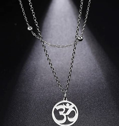 UNIFT Necklace For Women- Aum Om Ohm Sanskrit Symbol Round Pendant Beaded Double Layer Chain Charm Necklace,Hinduism Yoga Sanskrit Personalized Amulet Dainty Pendant Necklace Jewelry - color: silver
