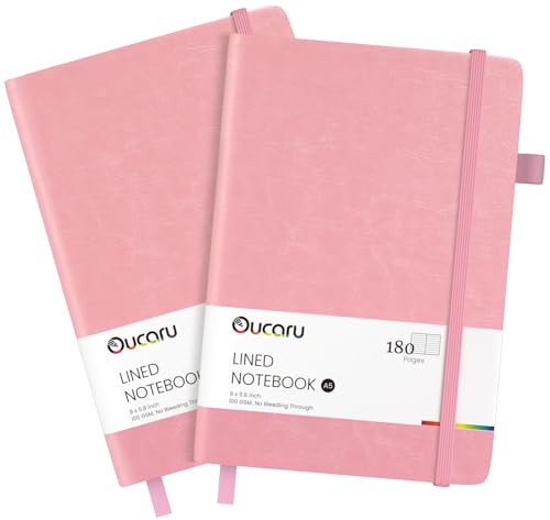 Oucaru Lined Journal Notebook, 2 Pack, 180 Pages, A5 Journals for Writing, 100 GSM Thick Paper, Small Notebooks Daily Journal for Women Men Work, Business, School, Travel Supplies - color: Pink & Pink, size: 2 Pack