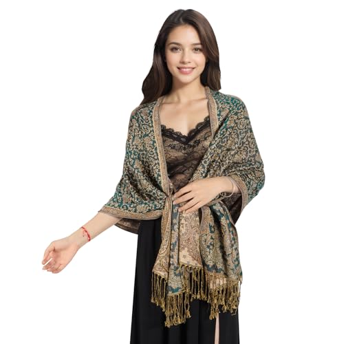 MUQU Women Pashmina Shawls and Wraps Scarf Soft Silky Reversible Paisley Scarves Shawl for Women - color: Green+orange
