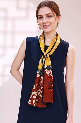 100% Silk Scarf for Women 59”*6.3” Long Shawls for Headscarf and Neck- Oblong Hair Wraps with Gift Packed - color: Yellow&red