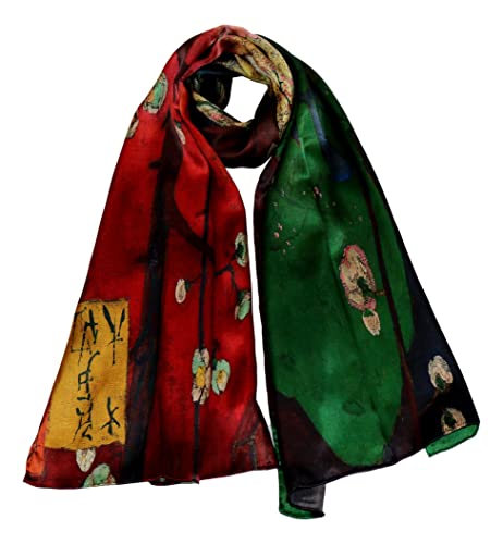 JWSilk Long Charmeuse Silk Scarf Classic Art Print - color: Red and Green